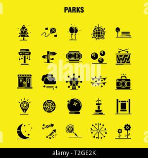 Parks solide Glyphe Icons Set für Infografiken, Mobile UX/UI-Kit und Print Design. Gehören: Schlagzeug, Instrumente, Musik, Karte, Lage, Park, Parkplatz, Worl Stock Vektor