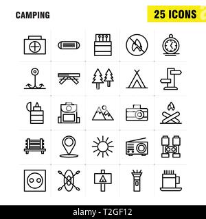 Camping Line Icon Pack für Designer und Entwickler. Ikonen der Sitzbank, Camping, Outdoor, Reise, Camping, Outdoor, Feuer, Vektor Stock Vektor