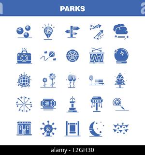 Parks solide Glyphe Icons Set für Infografiken, Mobile UX/UI-Kit und Print Design. Gehören: Schlagzeug, Instrumente, Musik, Karte, Lage, Park, Parkplatz, Worl Stock Vektor