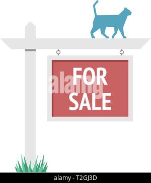 Zum Verkauf holz- Plakat Typschild mit Blue Cat. Immobilien unterzeichnen. Kaufen oder Mieten Haus. Vector Illustration im flachen Stil Stock Vektor