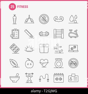 Fitness Zeile für Symbole für Infografiken, Mobile UX/UI-Kit und Print Design. Gehören: Apple, Essen, Fitness, Blut, Statik, Fitness, ID-Karte, Icon Set - Stock Vektor