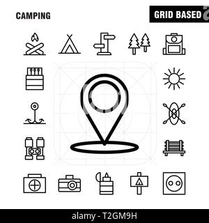 Camping Line Icon Pack für Designer und Entwickler. Ikonen der Sitzbank, Camping, Outdoor, Reise, Camping, Outdoor, Feuer, Vektor Stock Vektor