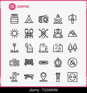 Camping Line Icon Pack für Designer und Entwickler. Ikonen der Sitzbank, Camping, Outdoor, Reise, Camping, Outdoor, Feuer, Vektor Stock Vektor