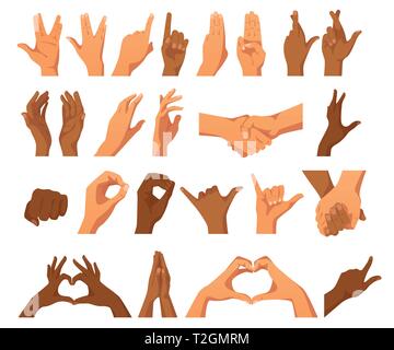 Vektor Flat Style Set von verschiedenen Händen Gesten. Vielfalt der Rasse Hautfarbe. Verschiedene Zeichen und Emotionen. Auf weissem Hintergrund. Stock Vektor