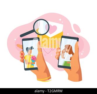 Dating-App und Beziehung Konzept. Hände halten Smartphone. Gesichtslosen Zeichen im Display des Telefons. Liebe Nachricht und Lupe. Vektor illustra Stock Vektor