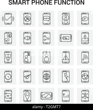 25 Hand gezeichnet Smart phone Funktionen Icon Set. Grauer Hintergrund Vektor Doodle Stock Vektor