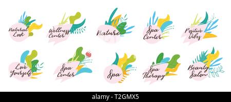 Spa und Wellness Set von Etiketten oder Abzeichen mit abstrakten Blätter botanischer Elemente. Tag design Vector Illustration auf weißem Hintergrund. Stock Vektor