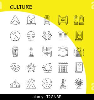 Kultur Hand gezeichneten Symbole für Infografiken, Mobile UX/UI-Kit und Print Design. Gehören: Trommel, Hand, Instrumente, Musik, Religion, Gebote, Fait Stock Vektor