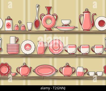 Rustikale Küche horizontale nahtlose Muster. Jahrgang im Landhausstil Geschirr dekoratives Geschirr für Home kithen vector Hintergrund Stock Vektor