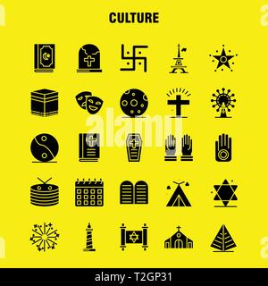 Kultur Feste Glyphe Icons Set für Infografiken, Mobile UX/UI-Kit und Print Design. Gehören: Trommel, Hand, Instrumente, Musik, Religion, Gebote, Fai Stock Vektor