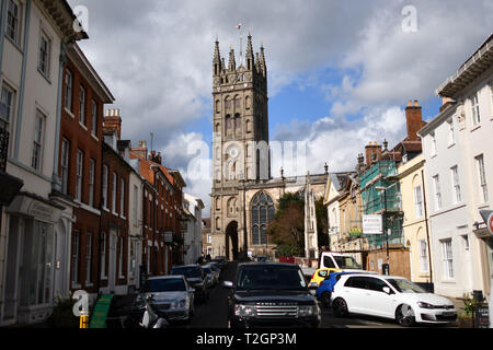 St Marys Kirche, Warwick, mit einer 1000-jährigen Erbes, einschließlich das Grab von Elisabeth I. der Bewerber, der Graf von Leicester. Warwickshire. April 2, 2019. Stockfoto