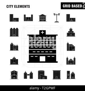 Stadt Elemente solide Glyphe Icons Set für Infografiken, Mobile UX/UI-Kit und Print Design. Gehören: Tower, Gebäude, Stadt, Büro, Gebäude, Turm, Ci Stock Vektor