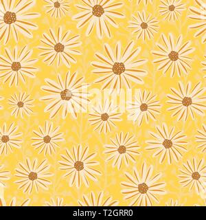Kamille Blumen nahtlose Vektor wiederholen Muster. Weiße Gänseblümchen auf gelbem Hintergrund. Moderne, saisonal wechselnde Fliesen mit Blümchenmuster. Von Hand gezeichnet Stock Vektor
