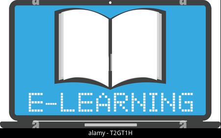 E-Learning Online-Bildung Symbol mit Laptop-Computer und Buch Vektor Illustration Stock Vektor