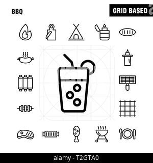 Bbq Symbol Leitung Pack für Designer und Entwickler. Ikonen der Grill, Grillen, Essen, Wurst, Glas, Trinken, BBQ, Zitrone, Vektor Stock Vektor