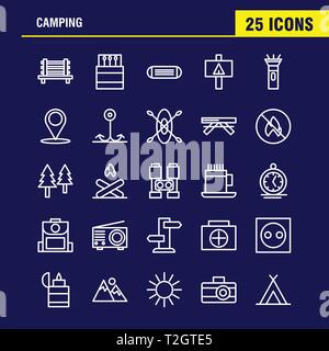 Camping Line Icon Pack für Designer und Entwickler. Ikonen der Sitzbank, Camping, Outdoor, Reise, Camping, Outdoor, Feuer, Vektor Stock Vektor