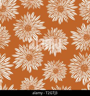 Aster Dahlia Blumen weiß auf Gold braun nahtlose Vektor-Muster. Dezenter floraler Hintergrund. Handgezeichnete zeitgenössische feminine Kunst für Sommer, Herbst Stock Vektor