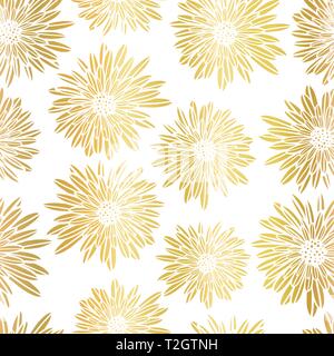 Gold Folie Aster Dahlia Blumen elegante nahtlose Vektor-Muster. Metallisch golden glänzend floralen Hintergrund. Handgezeichnete feminine Kunst für Sommer, Frühling Stock Vektor