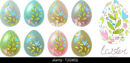 Eingestellt von isolierten Vektor Elemente auf einem weißen Hintergrund. Frohe Ostern. Schriftzug. Blumen Ei. Bunte eier bemalt. Stock Vektor