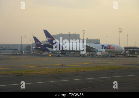 NEWARK, NJ-30 Mar 2019 - Flugzeuge aus Lieferung unternehmen Federal Express am Fedex Logistik Drehscheibe im internationalen Flughafen Newark Liberty (EWR) Stockfoto