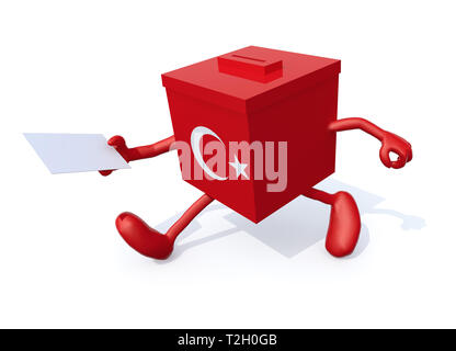 Türkische Wahl Urne whit Arme, Beine und Umschlag Papier auf Händen, 3D-Darstellung Stockfoto