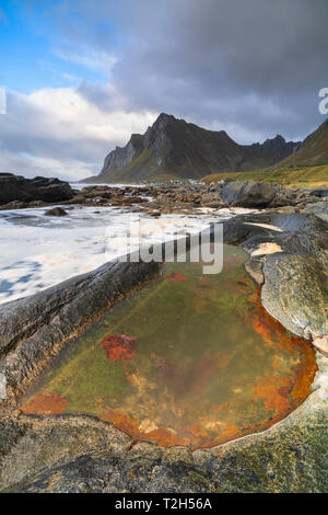 Rock Pool am Strand in Vikten, Lofoten, Norwegen, Europa Stockfoto
