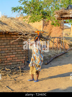 Malawische Dorf Frau steht außerhalb Ihrer Küche Brennholz tragen auf ihren Kopf und Baby auf dem Rücken Stockfoto