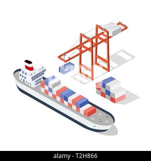 Isometrische Schiff Cargo Container und touristische Liner Der industrielle Hafen und touristische Liegeplätze für Boote mit einer Darstellung der Transport von Gütern und Stock Vektor