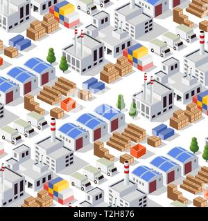 Perspektivisches Panorama der Landschaft von Industriegegenständen, Fabriken, Parkplätzen und Lagerhäusern. Isometrische Draufsicht auf die Stadt mit Straßen, b Stock Vektor
