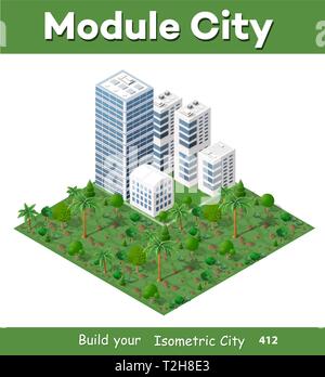 Modernes 3D Stadt isometrisches dreidimensionales Infografik-Options-Banner mit der farbenfrohen isometrischen Stadt für die Geschäftskonzeptuelle Grafiken und Diagramme, inkl. Stock Vektor