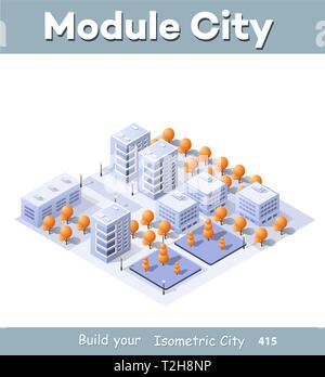 Isometrische Darstellung megapolis Stadtviertel mit Straßen, Wolkenkratzer, Bäume und Häuser. Urban Landscape Ansicht von oben Stock Vektor