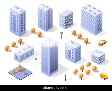 Isometrische Darstellung megapolis Stadtviertel mit Straßen, Wolkenkratzer, Bäume und Häuser. Urban Landscape Ansicht von oben Stock Vektor