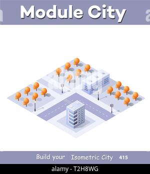 Isometrische Darstellung megapolis Stadtviertel mit Straßen, Wolkenkratzer, Bäume und Häuser. Urban Landscape Ansicht von oben Stock Vektor
