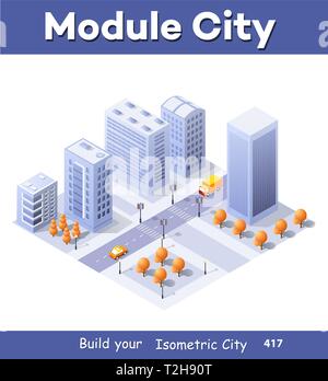 Isometrische Darstellung megapolis Stadtviertel mit Straßen, Wolkenkratzer, Bäume und Häuser. Urban Landscape Ansicht von oben Stock Vektor