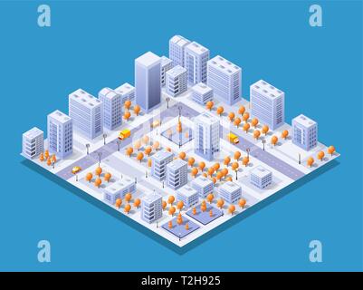 Isometrische Darstellung megapolis Stadtviertel mit Straßen, Wolkenkratzer, Bäume und Häuser. Urban Landscape Ansicht von oben Stock Vektor
