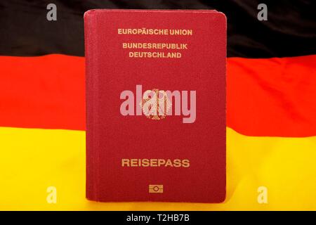 Biometrischer Reisepass der Bundesrepublik Deutschland, der Europäischen Union, Schwarz-Rot-Goldenen deutschen Nationalflagge hinter, Deutschland Stockfoto