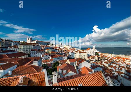 Blick vom Miradouro Santa Luzia in die Altstadt, auf der Rückseite die Klosterkirche São Vicente de Fora, Bezirk Alfama, Lissabon, Portugal Stockfoto