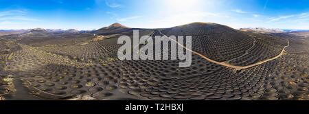 Panorama Foto, Weinanbaugebiet La Geria mit Berg Guardilama und Tinasoria, in der Nähe von Yaiza, drone Foto, Lanzarote, Kanarische Inseln, Spanien Stockfoto