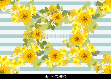 Blumen Erdbeeren sonnenblume Chrysantheme narzisse Hintergrund Vector Illustration. Zweig der Mimosen, Blumen und Blätter von Sakura, Kirsche und magnol Stock Vektor