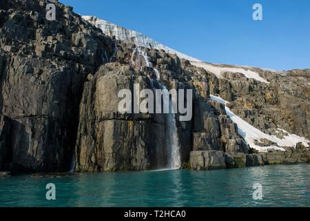 Wasserfall in einem Gletscher auf Alkefjellet, Spitzbergen, Arktis, Norwegen Stockfoto