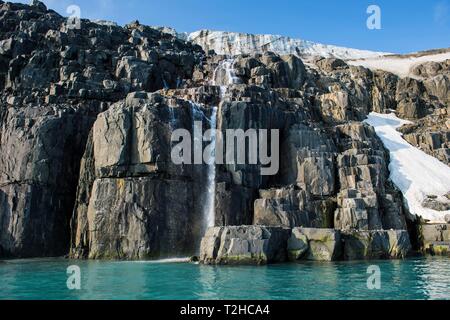 Wasserfall in einem Gletscher auf Alkefjellet, Spitzbergen, Arktis, Norwegen Stockfoto