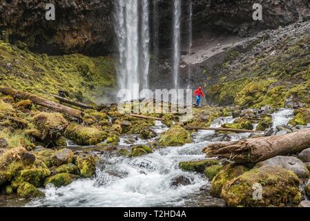 Junge Frau, Wanderer vor hohen Wasserfall, Wasserfälle, Tamanawas fällt, wilden Fluss Cold Spring Creek, Oregon, USA Stockfoto