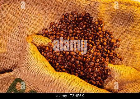 Geröstete Kaffeebohnen auf Jute Sack, Deutschland Stockfoto