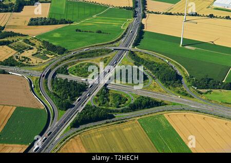 Autobahnkreuz Monchengladbach-Wanlo, Abfahrt A61 und A46, Luftaufnahme, Nordrhein-Westfalen, Deutschland Stockfoto