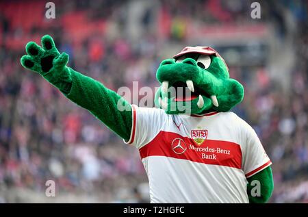 Krokodil Abbildung Fritzle, Maskottchen der VfB Stuttgart, Mercedes-Benz Arena, Stuttgart, Baden-Württemberg, Deutschland Stockfoto