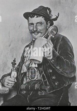 Bayerischer Mann in traditioneller Kleidung und halten einen bierkrug und ein Rohr, 1899, historische Darstellung, Deutschland Stockfoto