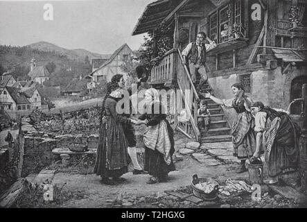 Willkommen, Familie begrüßen den Besuch und Besucher, 1899, historische Darstellung, Deutschland Stockfoto