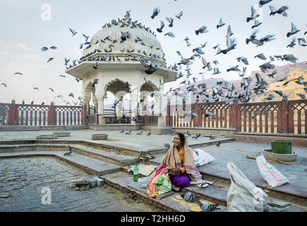 Frau füttern Tauben mit Mais an Amber Fort in Rajasthan, Indien, Asien Stockfoto