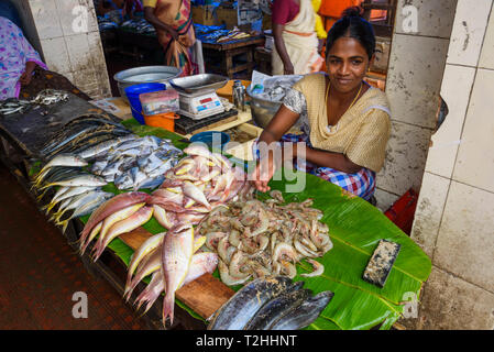 Frau verkaufen frische Meeresfrüchte im Street Market in Trivandrum, Indien Stockfoto