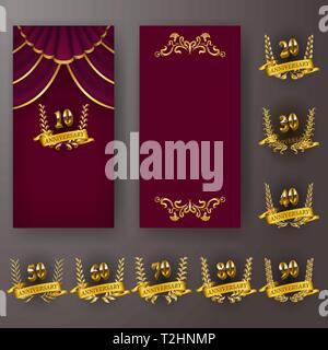 Satz von vip-Jubiläum Karte, Einladung mit Lorbeerkranz, Anzahl. Dekorative gold Emblem von Jubiläum am braunen Hintergrund. Raffinierte Element, Rahmen, Bo Stock Vektor